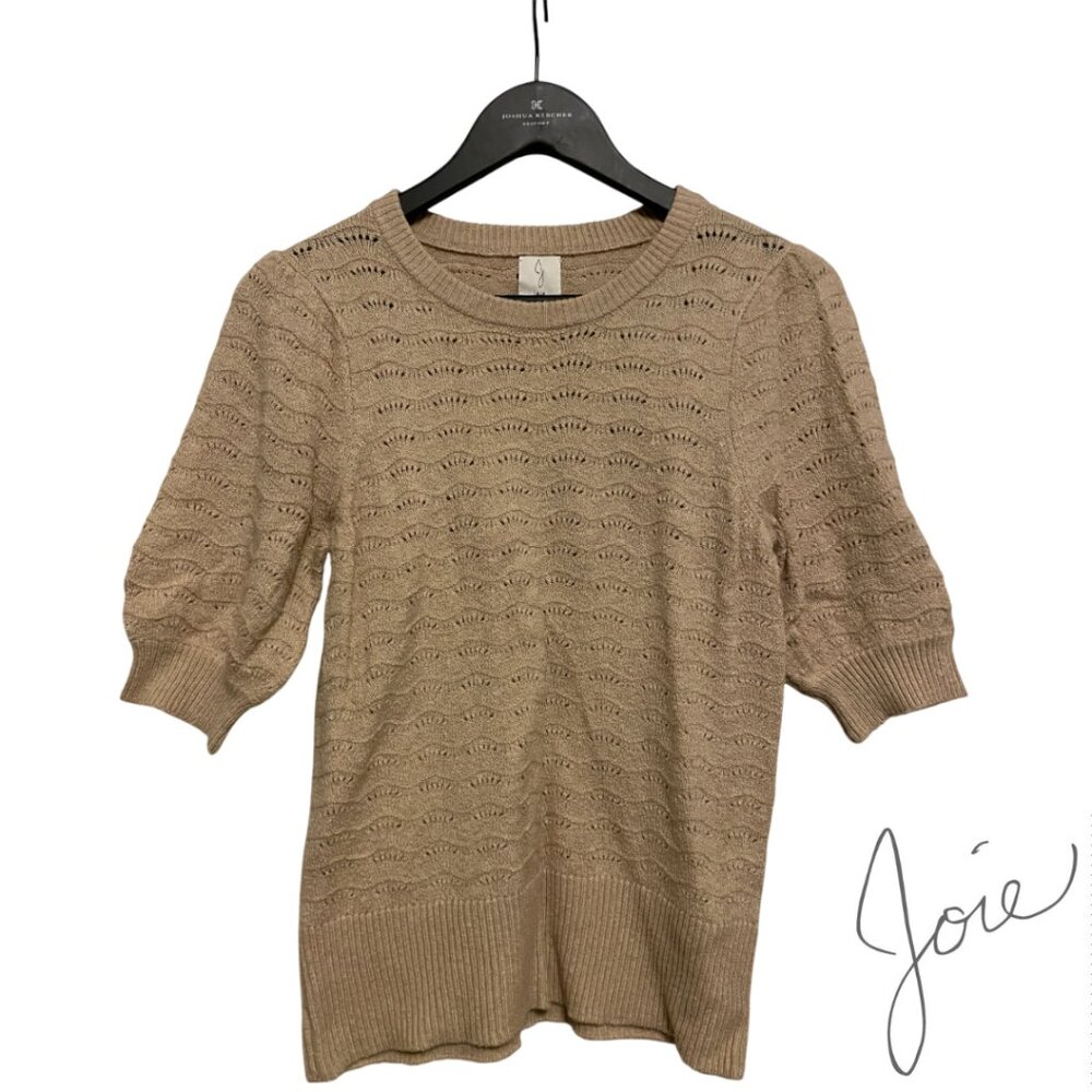 Joie Women Sweater Small Beige Cotton Blend Short Puff Sleeeve Knit Pullover